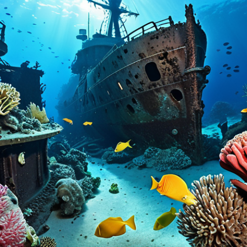 Home 15 **Image of Tulamben:** A vibrant underwater scene featuring the USS Liberty shipwreck teeming with colorful fish, coral, and divers exploring the wreck.