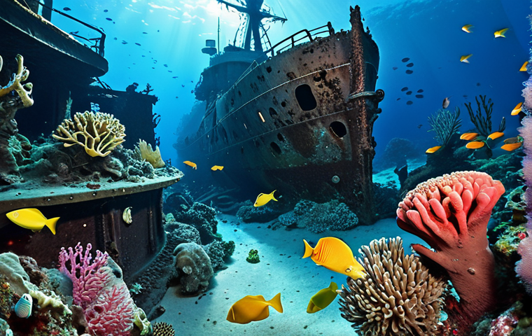 **Image of Tulamben:** A vibrant underwater scene featuring the USS Liberty shipwreck teeming with colorful fish, coral, and divers exploring the wreck.