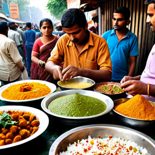 Home 14 ** A bustling street scene in Delhi, India. Focus on a chaat vendor expertly preparing a colorful and flavorful plate of chaat. Capture the vibrant atmosphere with people gathered around, enjoying the food. Include elements like spices, chutneys, and various textures to highlight the culinary experience.
**