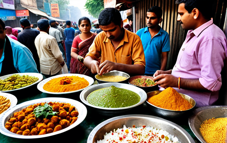 ** A bustling street scene in Delhi, India. Focus on a chaat vendor expertly preparing a colorful and flavorful plate of chaat. Capture the vibrant atmosphere with people gathered around, enjoying the food. Include elements like spices, chutneys, and various textures to highlight the culinary experience.
**