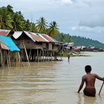 An Indonesian coastal village, with traditional stilt houses partially submerged by encroaching sea levels. Eroded land and small islands are visibly disappearing into the water in the background. A group of displaced people, including a fisherman, sadly observe their lost homes and livelihood, conveying a sense of despair and an uncertain future due to rising tides. The atmosphere is somber and reflects the profound impact of climate change on coastal communities.