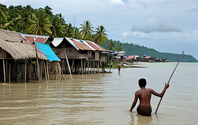 An Indonesian coastal village, with traditional stilt houses partially submerged by encroaching sea levels. Eroded land and small islands are visibly disappearing into the water in the background. A group of displaced people, including a fisherman, sadly observe their lost homes and livelihood, conveying a sense of despair and an uncertain future due to rising tides. The atmosphere is somber and reflects the profound impact of climate change on coastal communities.