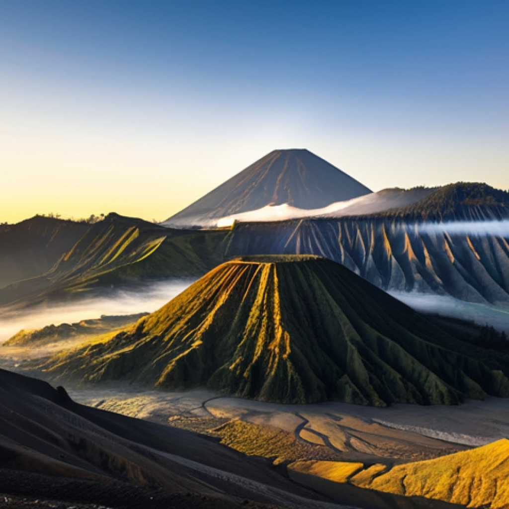 Bromo Sunrise**

"Magical sunrise at Mount Bromo, golden light, misty volcanic landscape, fully clothed travelers observing the view, safe for work, appropriate content, professional photography, perfect anatomy, natural proportions, family-friendly, high quality."

**
