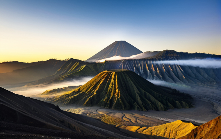 Bromo Sunrise**

"Magical sunrise at Mount Bromo, golden light, misty volcanic landscape, fully clothed travelers observing the view, safe for work, appropriate content, professional photography, perfect anatomy, natural proportions, family-friendly, high quality."

**