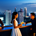 자카르타 밤 문화 - Rooftop Bar Scene**

A stylish rooftop bar in Jakarta at night, fully clothed patrons enjoying cockt...