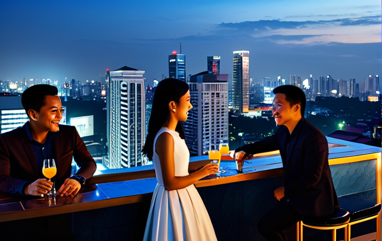 자카르타 밤 문화 - Rooftop Bar Scene**

A stylish rooftop bar in Jakarta at night, fully clothed patrons enjoying cockt...