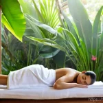 발리에서의 스파와 마사지 - **Prompt:** A serene and tranquil Balinese spa scene. A female client, gracefully draped in a soft, ...