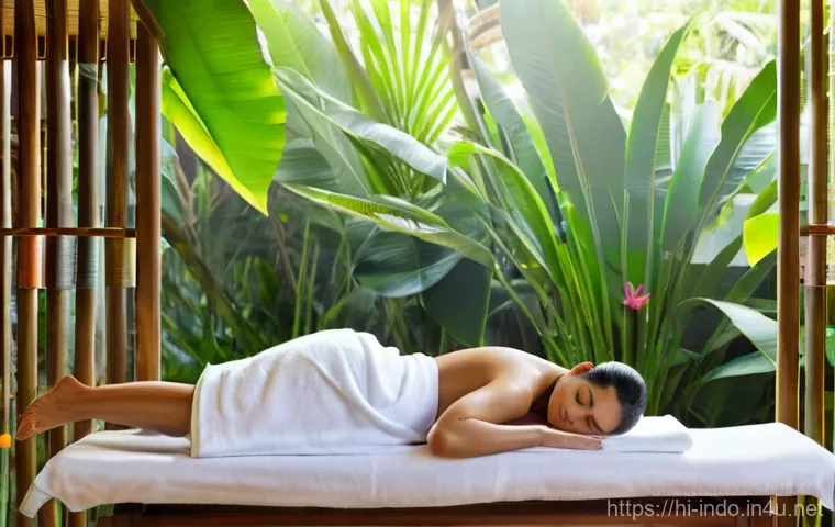 발리에서의 스파와 마사지 - **Prompt:** A serene and tranquil Balinese spa scene. A female client, gracefully draped in a soft, ...