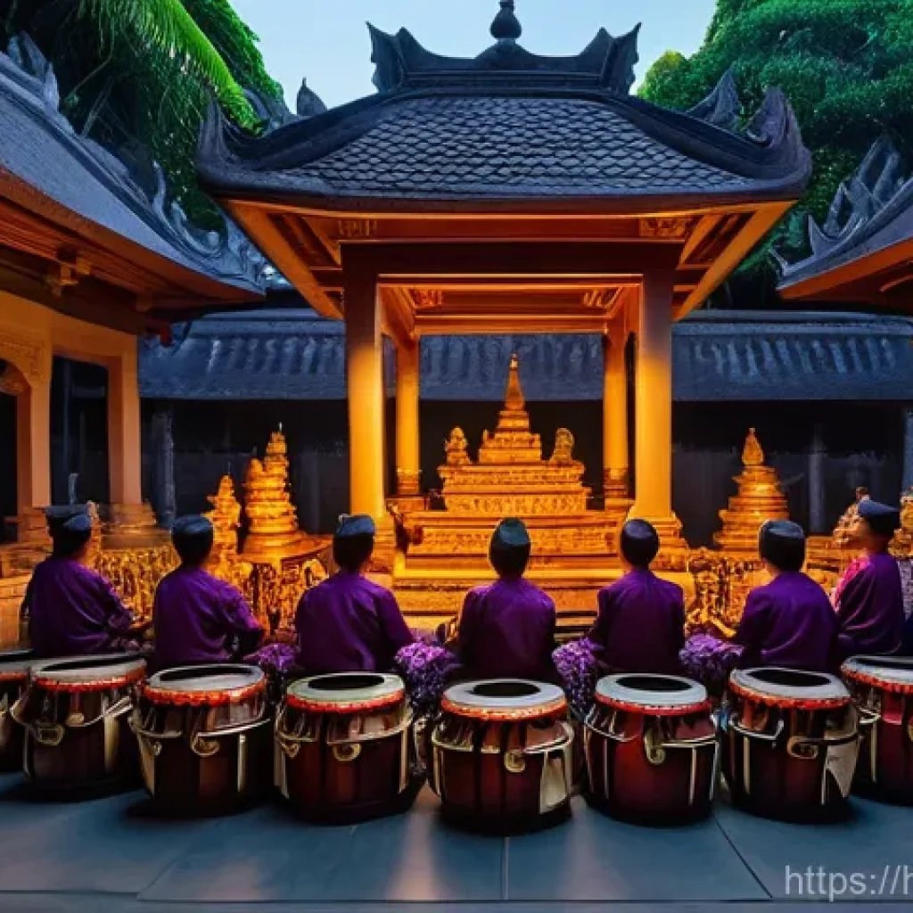 인도네시아 전통 악기 - **Prompt:** A vibrant, high-angle shot of a traditional Indonesian Gamelan orchestra performing in a...