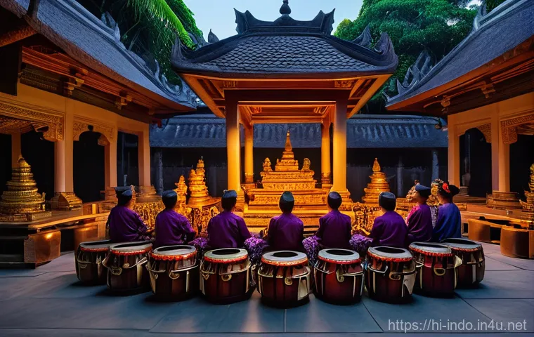 인도네시아 전통 악기 - **Prompt:** A vibrant, high-angle shot of a traditional Indonesian Gamelan orchestra performing in a...