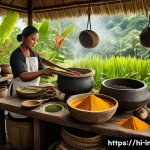 발리에서의 요리 수업 - A vibrant Balinese traditional cooking scene in an open-air kitchen, featuring a local chef grinding...