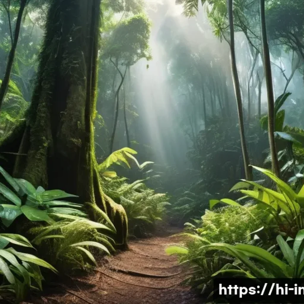 인도네시아 열대 우림 - A dense Indonesian tropical rainforest scene showcasing towering trees forming a thick canopy with l...