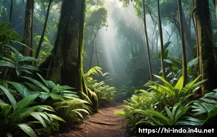 인도네시아 열대 우림 - A dense Indonesian tropical rainforest scene showcasing towering trees forming a thick canopy with l...