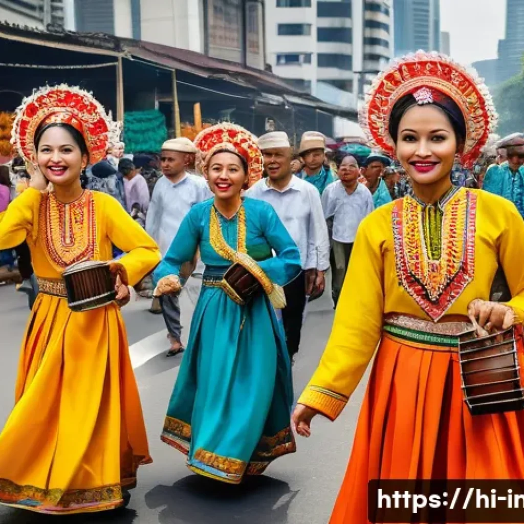 인도네시아 도시별 특징 - A vibrant street festival scene in Jakarta during the annual Jakarta Festival, showcasing a lively b...