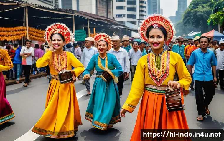 인도네시아 도시별 특징 - A vibrant street festival scene in Jakarta during the annual Jakarta Festival, showcasing a lively b...