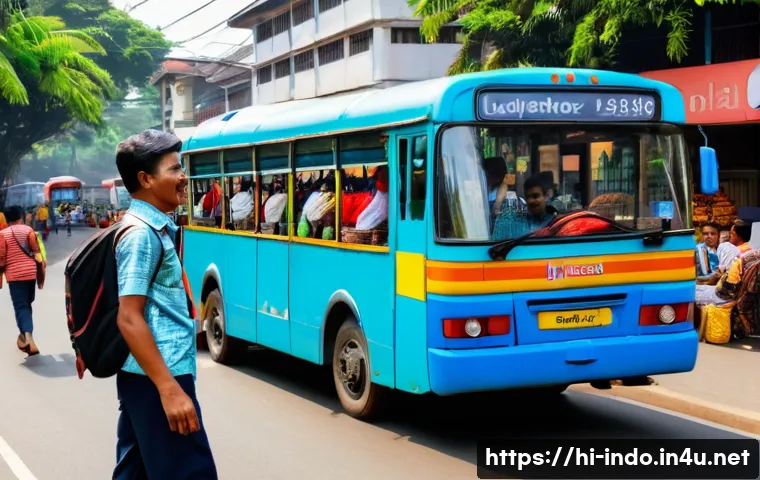 인도네시아에서의 생존 영어 표현 - A bustling Indonesian street scene featuring a friendly local bus driver helping a young Hindi-speak...