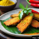 인도네시아 해산물 요리 - A vibrant close-up of Ikan Baka, the Indonesian spicy fried fish, served on a rustic wooden plate. T...