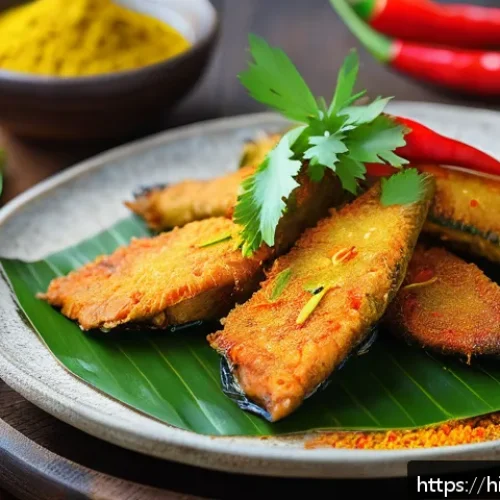 인도네시아 해산물 요리 - A vibrant close-up of Ikan Baka, the Indonesian spicy fried fish, served on a rustic wooden plate. T...
