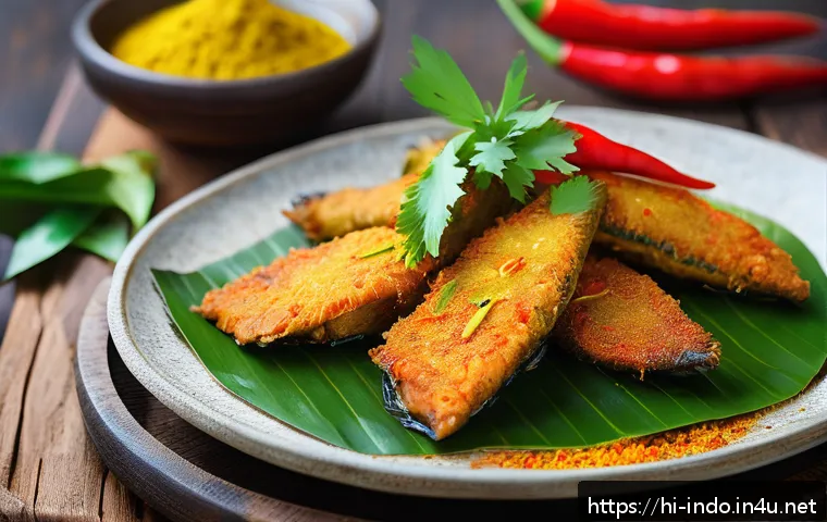 인도네시아 해산물 요리 - A vibrant close-up of Ikan Baka, the Indonesian spicy fried fish, served on a rustic wooden plate. T...
