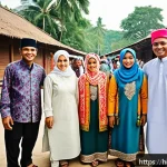 인도네시아의 이슬람 문화 - A vibrant scene of an Indonesian Muslim family celebrating Eid ul-Fitr in a traditional village sett...