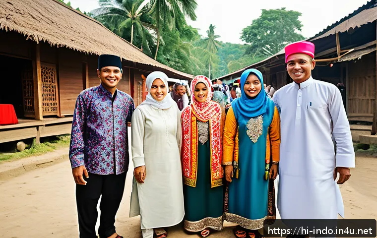인도네시아의 이슬람 문화 - A vibrant scene of an Indonesian Muslim family celebrating Eid ul-Fitr in a traditional village sett...