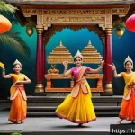 인도네시아 민속 이야기 - A vibrant scene of a traditional Balinese folk tale performance set in a lush tropical garden, featu...