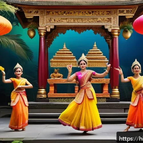 인도네시아 민속 이야기 - A vibrant scene of a traditional Balinese folk tale performance set in a lush tropical garden, featu...