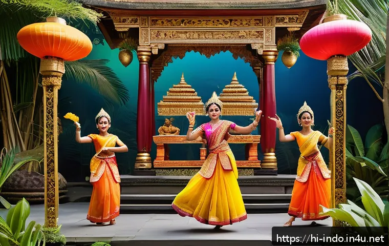 인도네시아 민속 이야기 - A vibrant scene of a traditional Balinese folk tale performance set in a lush tropical garden, featu...