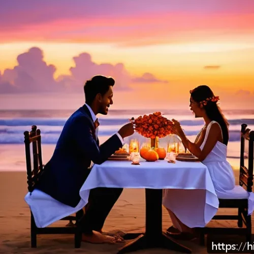 발리의 신혼여행 추천 - A romantic sunset beach scene at Seminyak, Bali, featuring a couple enjoying a candlelit dinner on t...