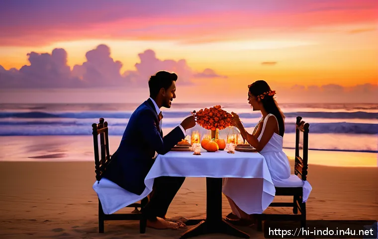 발리의 신혼여행 추천 - A romantic sunset beach scene at Seminyak, Bali, featuring a couple enjoying a candlelit dinner on t...