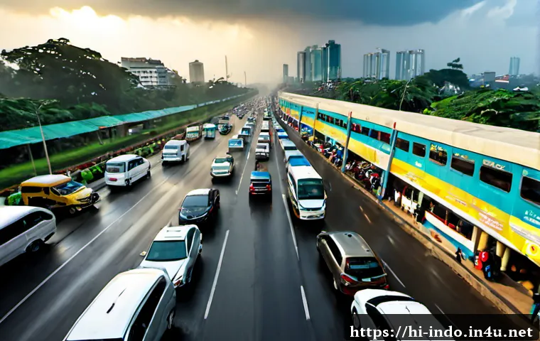 자카르타 교통 상황 - Photorealistic wide-angle view of Jakarta rush-hour traffic at street level, dense motorcycles weavi...